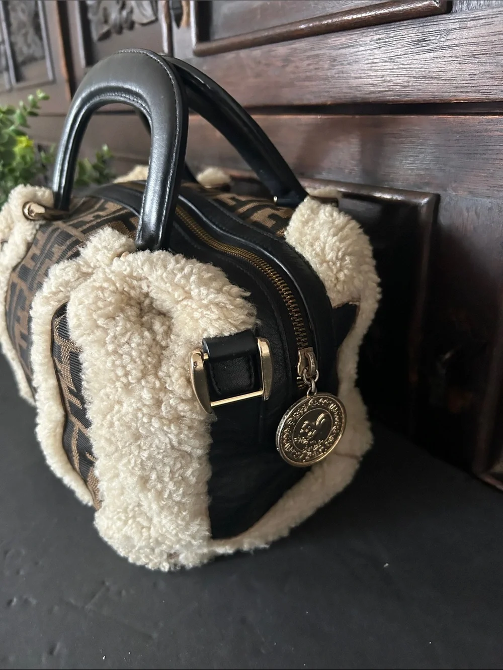 Brown Monogram Satchel with Cream Shearling Trim